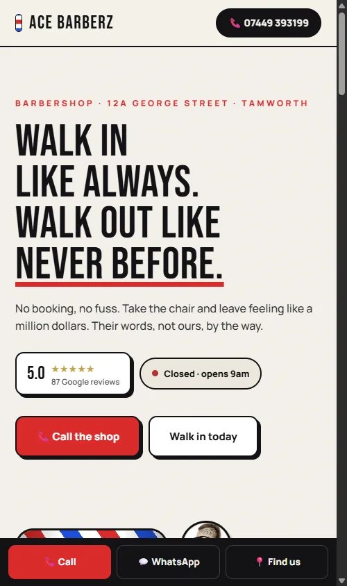 Ace Barberz website on mobile